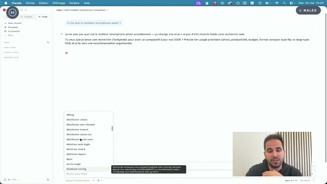 Le menu slash de Claude Code affichant la liste des skills disponibles