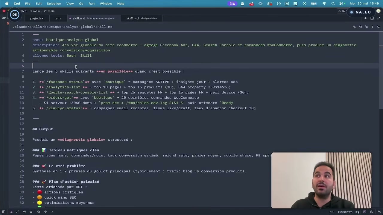 La skill boutique-analyse-global qui lance cinq skills en parallèle
