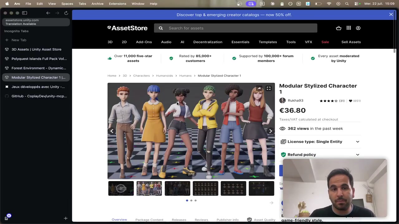 L'Asset Store d'Unity affichant un pack de personnages stylisés