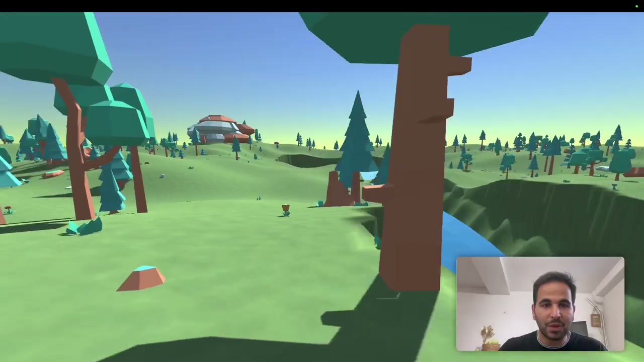 Le monde ouvert généré : arbres low-poly, lac, falaises et une base au loin