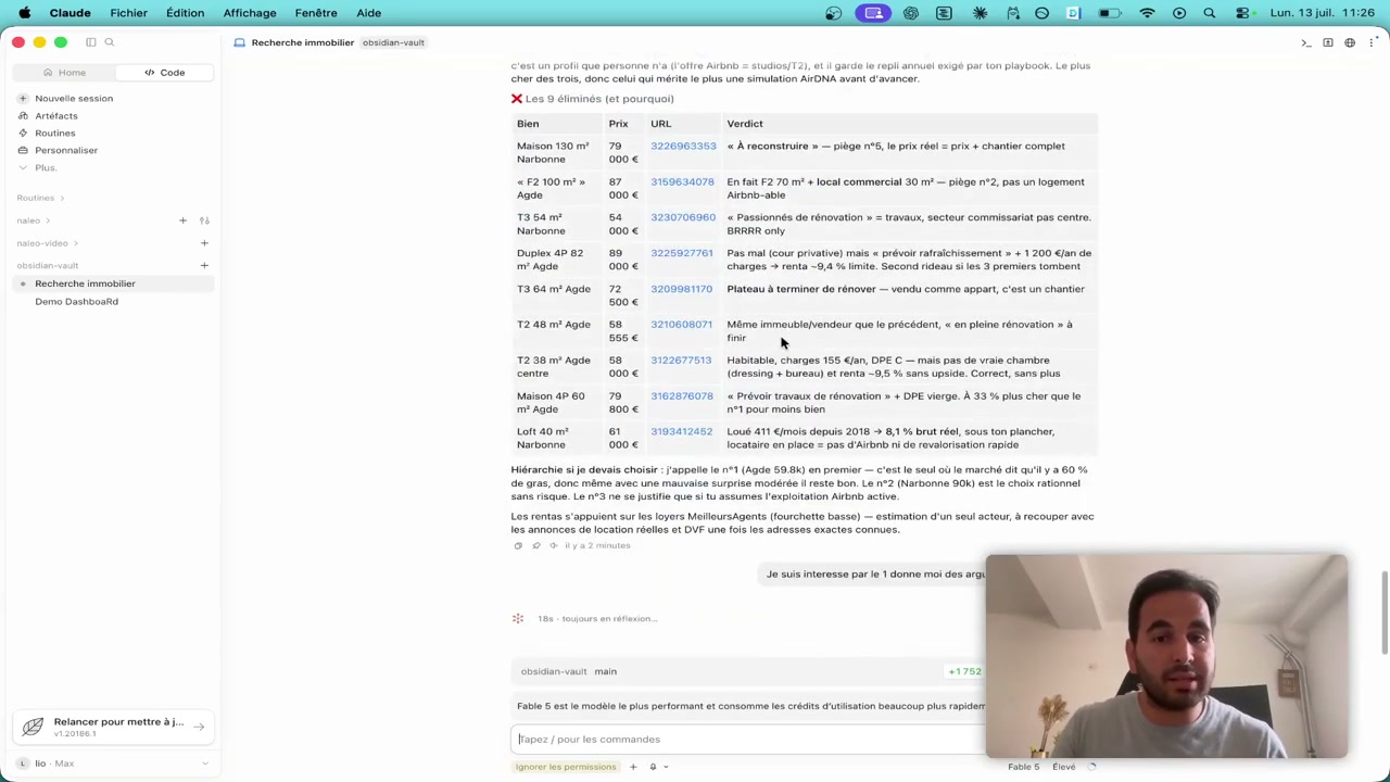 Tableau des biens éliminés par Claude avec prix, lien de l'annonce et verdict détaillé