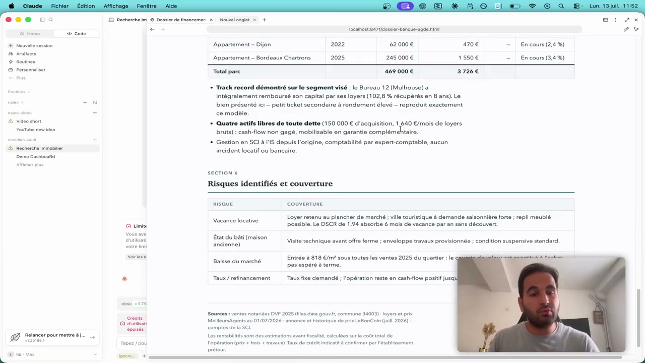 Rapport HTML pour la banque avec le track record, les actifs et un tableau des risques identifiés