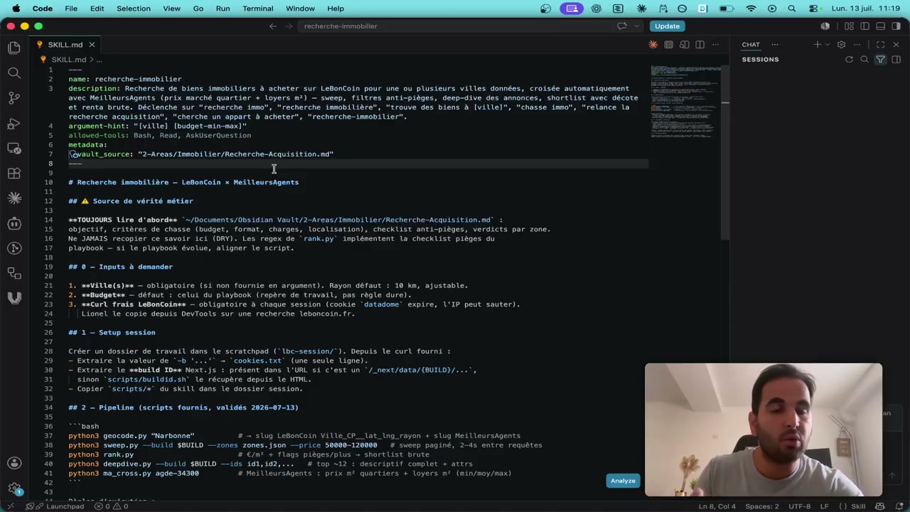 Le skill recherche immobilier ouvert dans l'éditeur, avec ses instructions et ses scripts