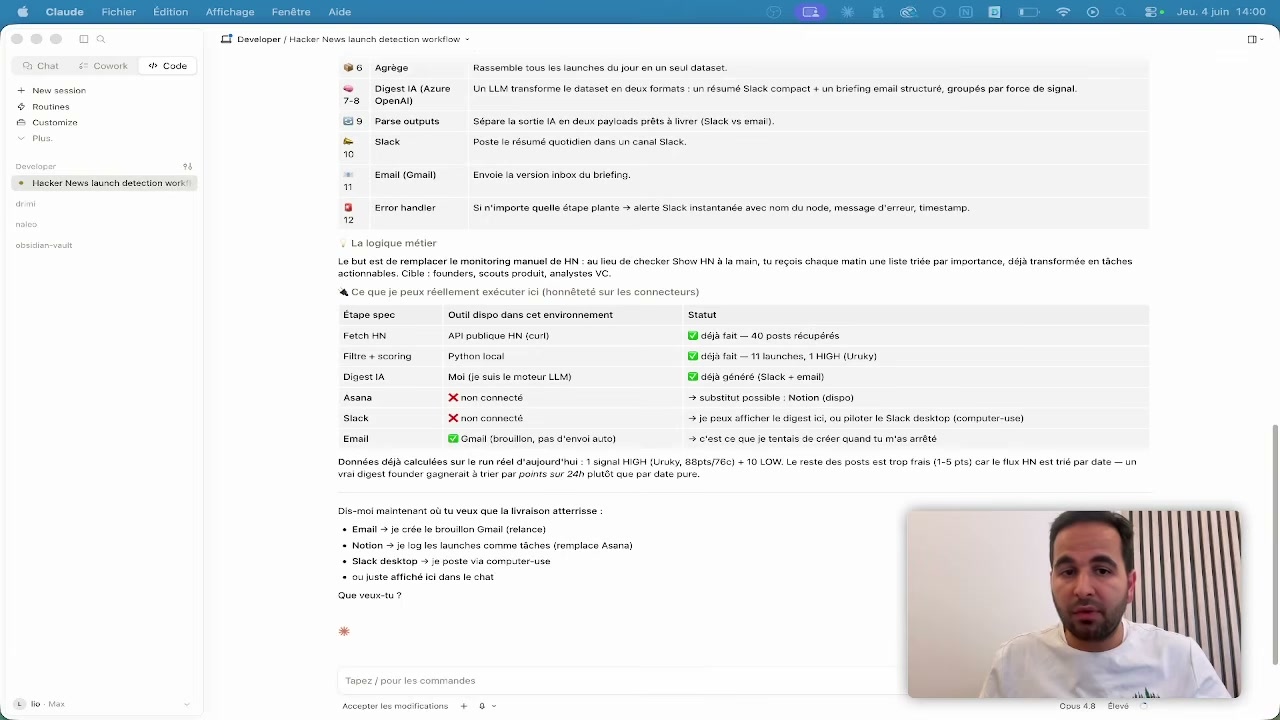 Claude Code affiche un tableau de la logique métier du workflow et le statut de chaque étape