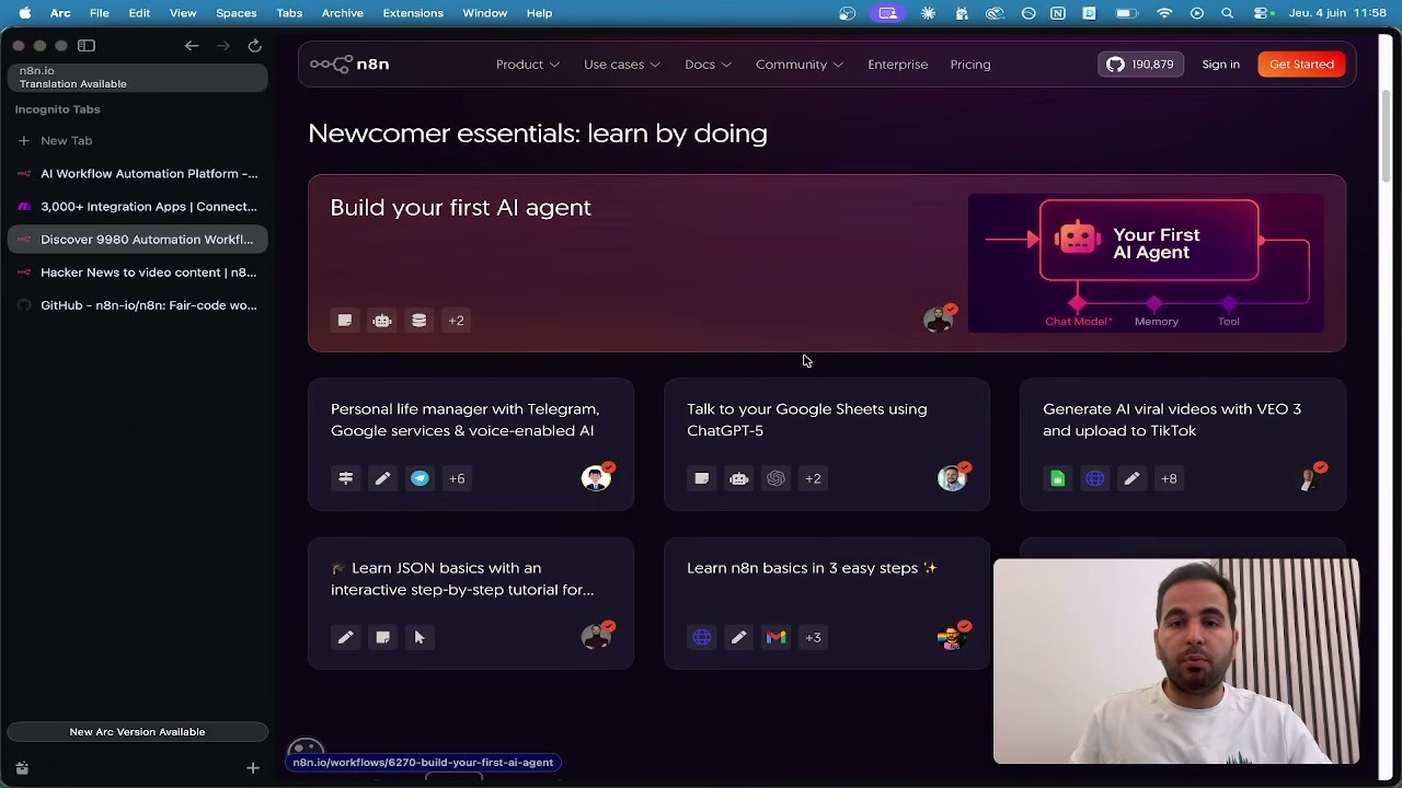 Page des templates de workflows N8N avec des exemples comme « Build your first AI agent »