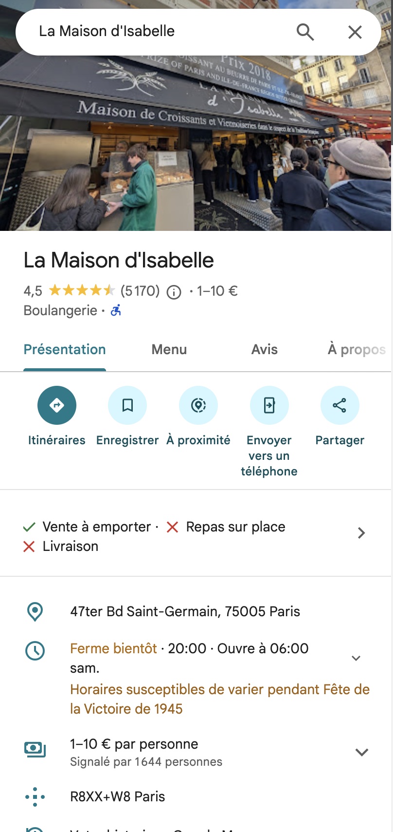 Fiche Google Maps de la boulangerie Maison d'Isabelle, sans bouton site web