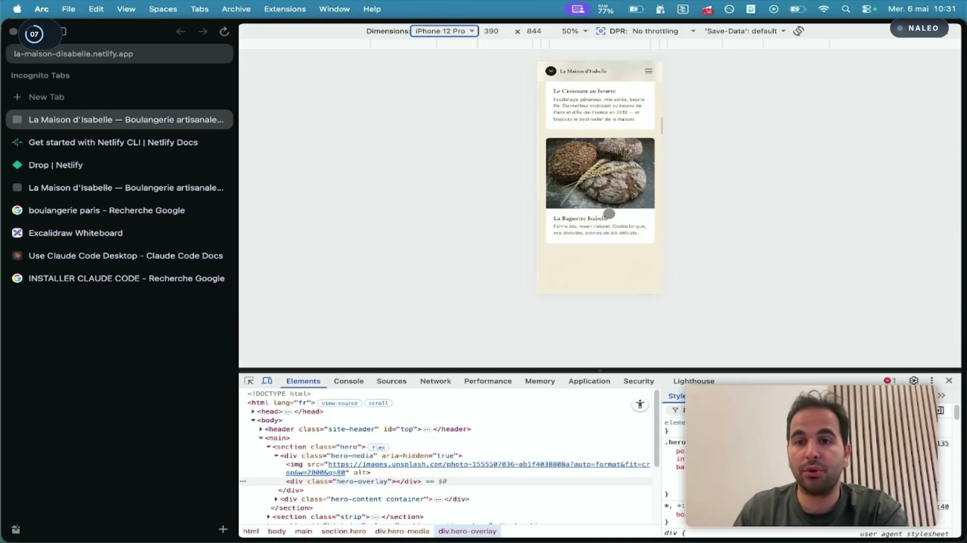 Preview du site en vue mobile iPhone 12 Pro via Chrome DevTools