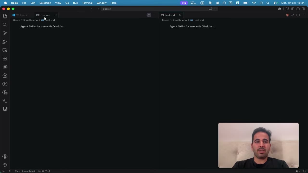 VS Code en écran splitté avec le fichier test.md à gauche et son rendu Markdown à droite