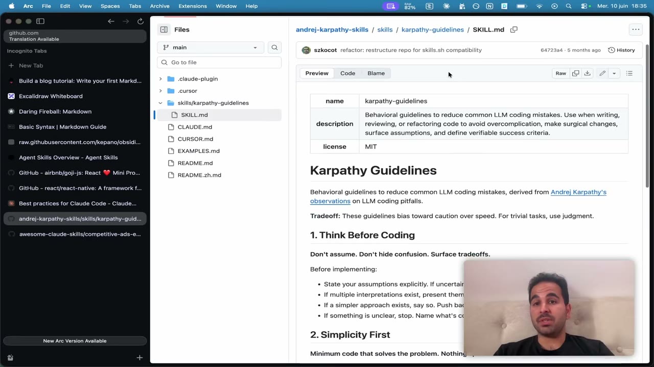Aperçu d'un fichier SKILL.md avec son entête name, description, license et son contenu en Markdown