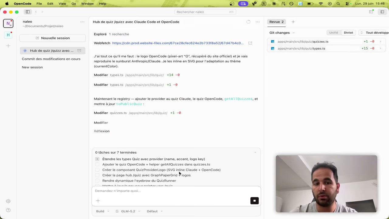 OpenCode en train de coder le hub de quiz avec GLM 5.2 : plan de tâches, sous-agent d'exploration et fichiers modifiés dans le panneau Git