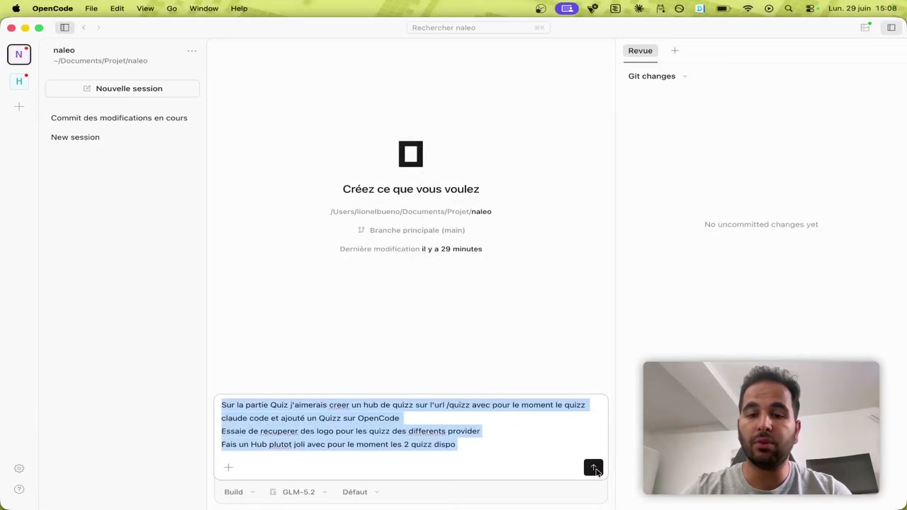 Application Mac OpenCode ouverte sur le projet naleo, avec le prompt de création du hub de quiz et le modèle GLM-5.2 sélectionné