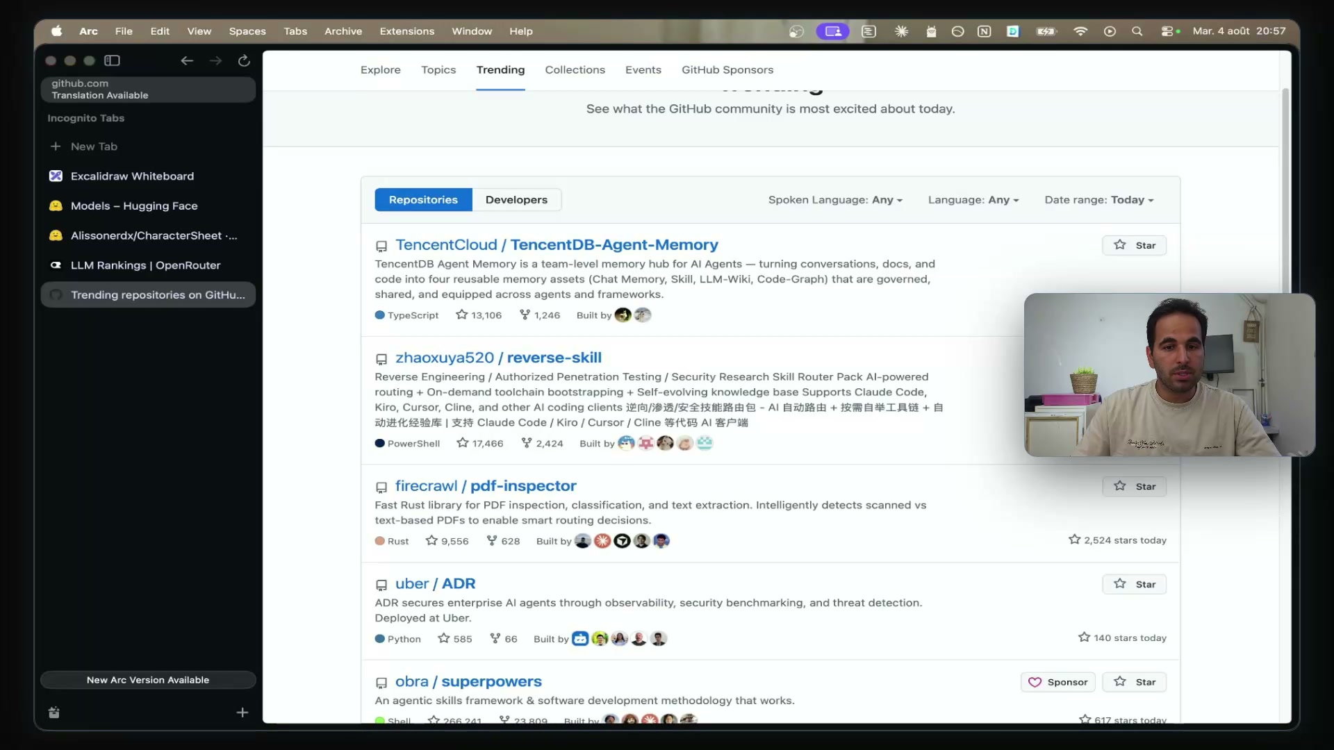 La page GitHub Trending affichant les dépôts les plus étoilés du jour