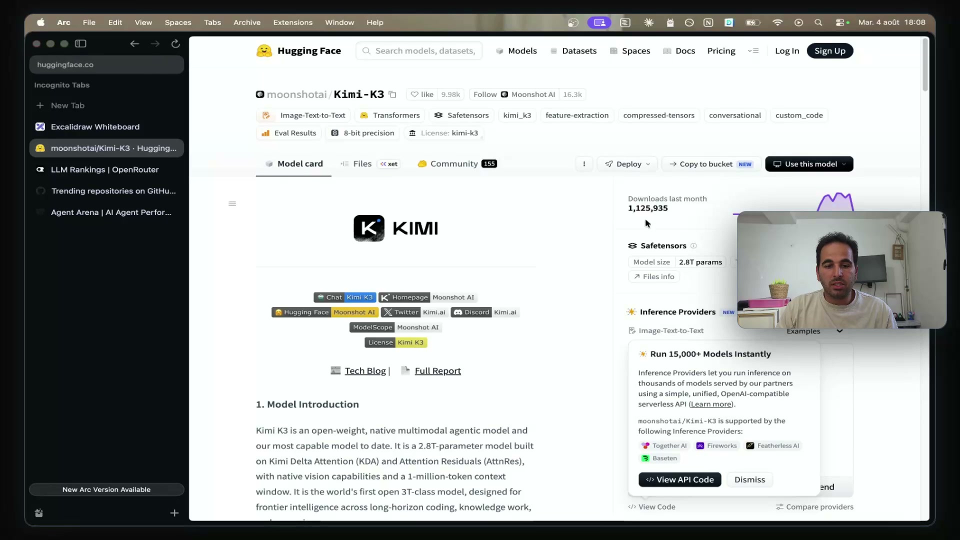 La fiche du modèle Kimi-K3 sur Hugging Face avec ses téléchargements du mois