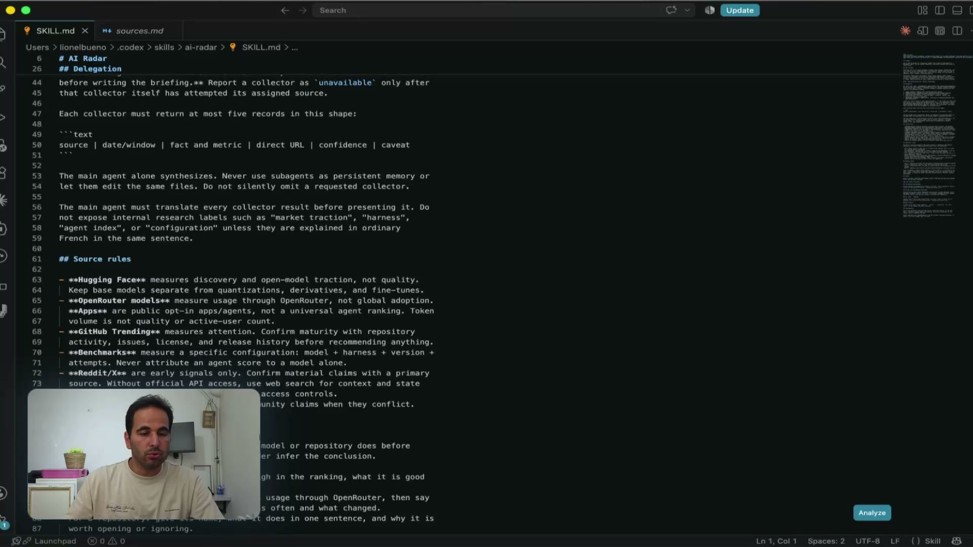 Le fichier SKILL.md du skill ai-radar ouvert sur sa section Source rules